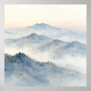 Poster Paisagem em Aquarela da Montanha Nebulosa