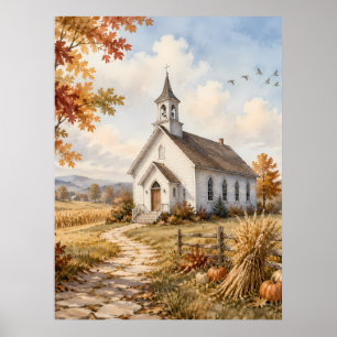 Poster Paisagem em Aquarela de Igreja Rural de Outono