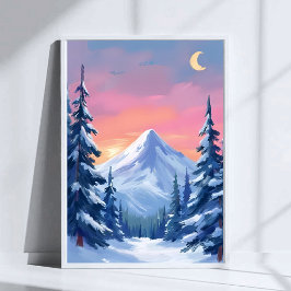Poster Paisagem em Aquarela de Montanha de Inverno Pastel