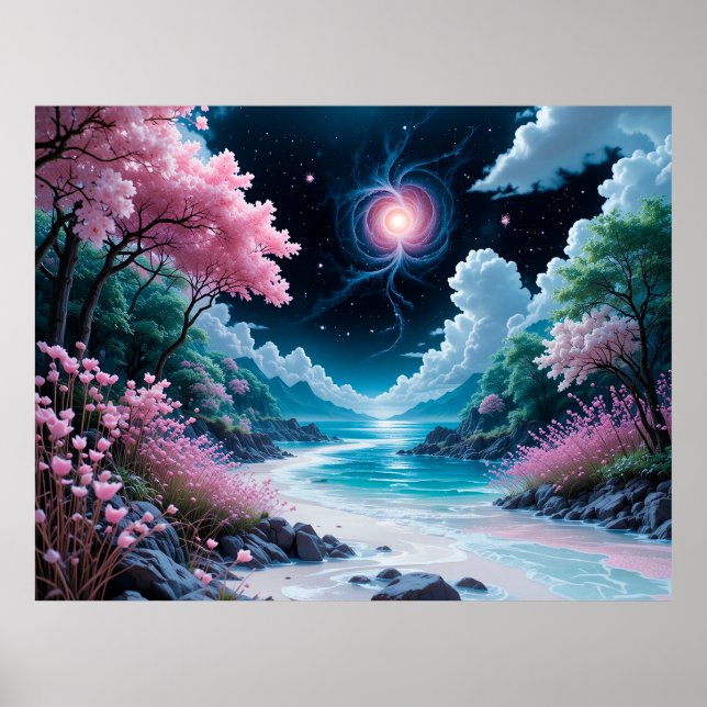 Poster Paisagem Encantadora Com Flores de Cerejeira Rosa (Frente)