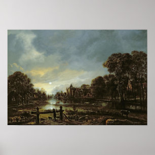 Poster Paisagem enluarada do rio com casas de campo