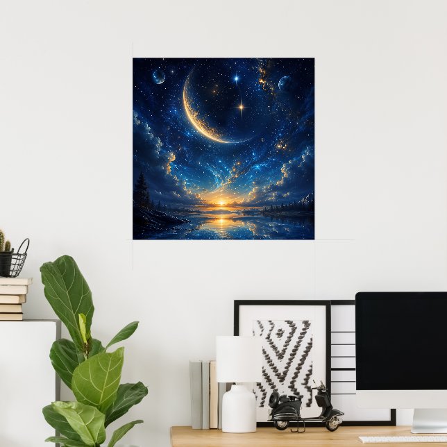Poster Paisagem Fantasia da Lua Crescente Cósmica — Azul  (Escritório em casa)