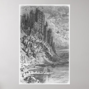 Pôster Paisagem fantástica com a cidade e o castelo