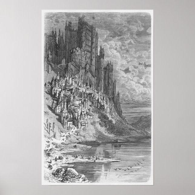 Pôster Paisagem fantástica com a cidade e o castelo (Frente)