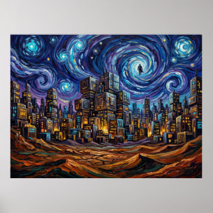 Poster Paisagem Ficção Científica Noturna Estrelada de Ma