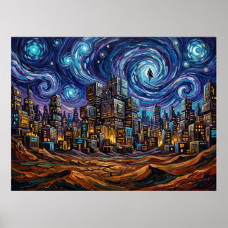 Poster Paisagem Ficção Científica Noturna Estrelada de Ma