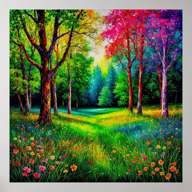 Poster Paisagem Florestal Colorida Com Árvores Vibrantes (Frente)