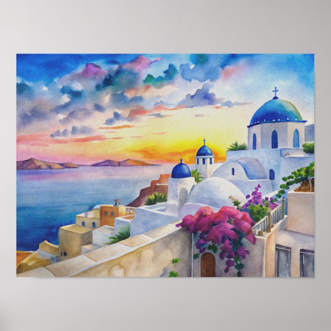 Poster Paisagem Grega de Aquarela Arte de Santorini (Frente)