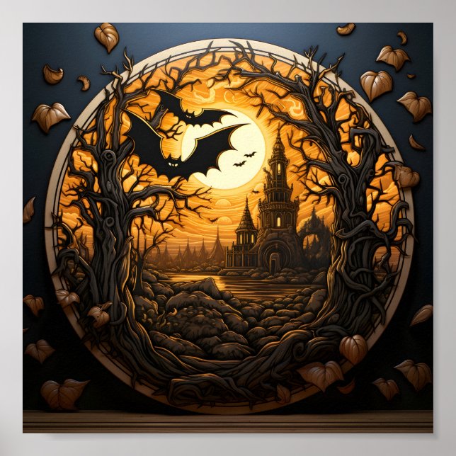 Poster Paisagem Halloween Na Floresta Com Morcegos Negros (Frente)