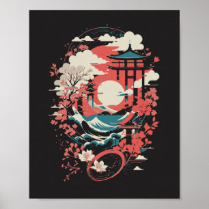 Poster Paisagem Japonesa Gráfica do Sol Vermelho Pagode &