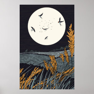 Poster Paisagem Japonesa Vintage à Noite