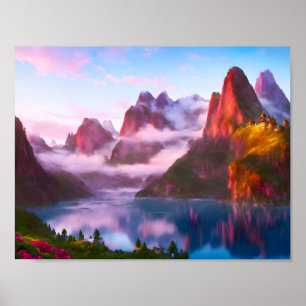 Poster Paisagem lago rodeada por montanhas