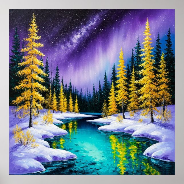 Poster Paisagem Mágica de Inverno Com Árvores Amarelas (Frente)