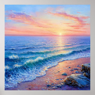 Poster 🌅 Paisagem Marinha do Oceano Pôr do Sol Dourado O