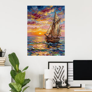 Poster Paisagem Marítima Colorida com Navio à Vela
