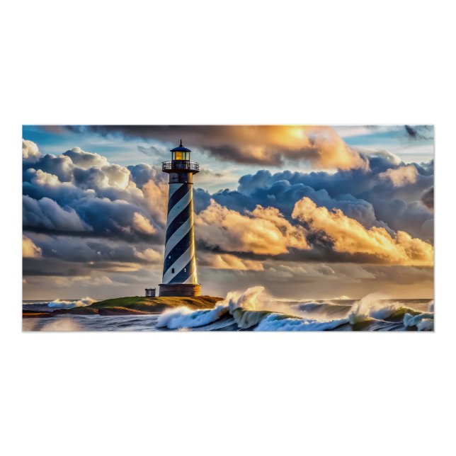 Pôster Paisagem Marítima Dramática de Farol com Ondas Tem (Frente)