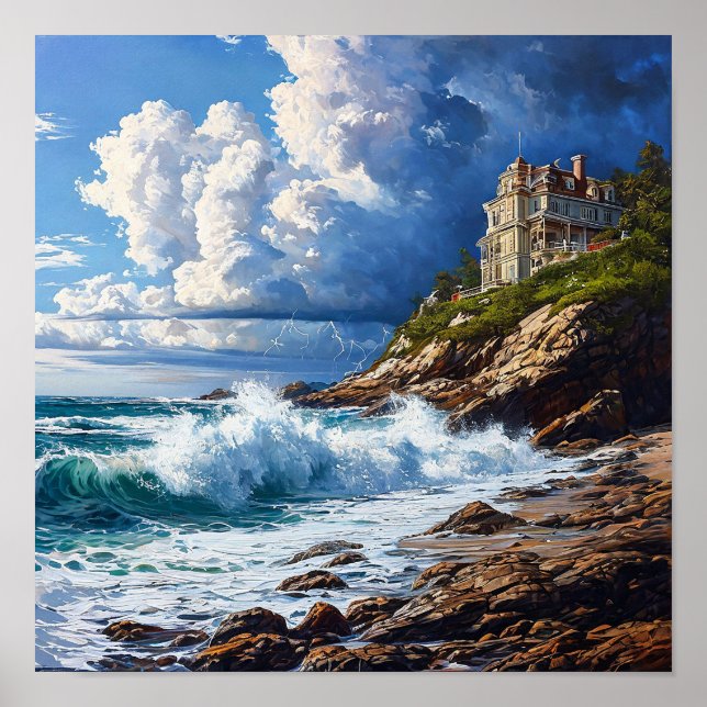 Poster 🌊 Paisagem Marítima Dramática Ondas do Oceano Pôr (Frente)