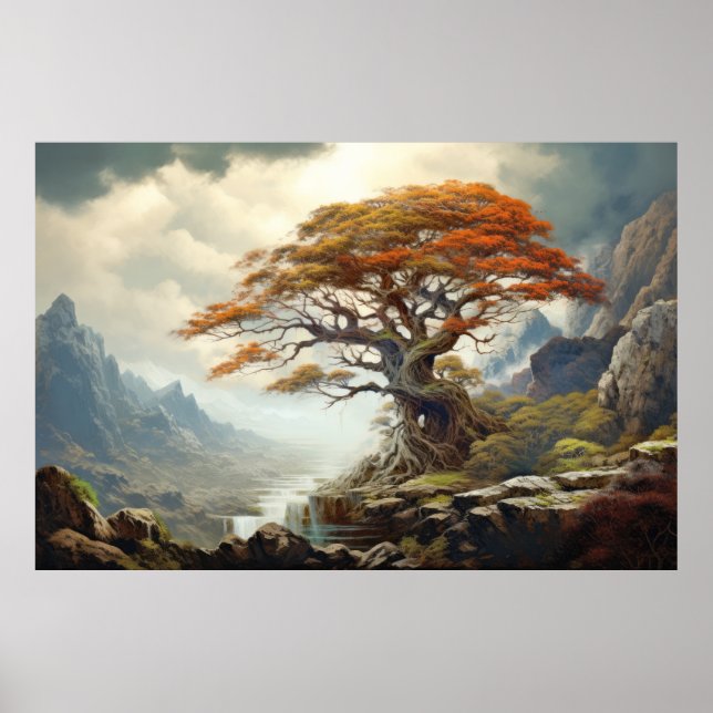 Poster Paisagem Mística Sereníssima da Árvore Antiga (Frente)