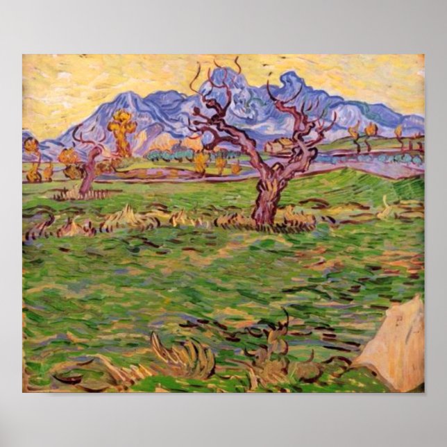 Pôster Paisagem Montanhas de Árvores Olivais, Van Gogh Fi (Frente)