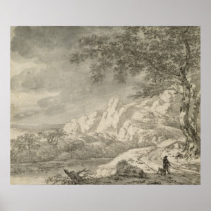 Poster Paisagem montanhosa com um caminhante