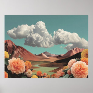 Poster Paisagem Montanhosa Floral Surrealista Com Nuvens