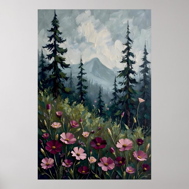 Poster Paisagem montanhosa impressionista com flores silv (Frente)