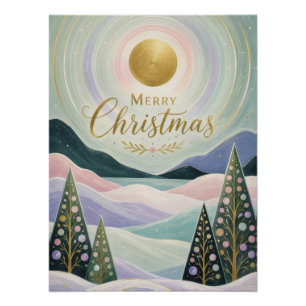 Pôster Paisagem Montanhosa Pastel Sol Dourado de Natal
