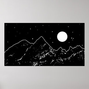 Poster Paisagem montanhosa, preto e branco