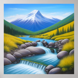 Poster Paisagem Montanhosa Serena com Córrego Cascata
