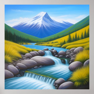 Poster Paisagem Montanhosa Serena com Córrego Cascata
