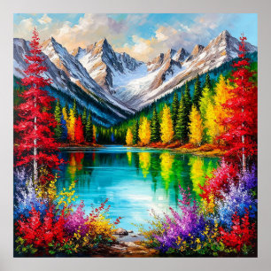 Poster Paisagem Montanhosa Vibrante com Árvores Coloridas
