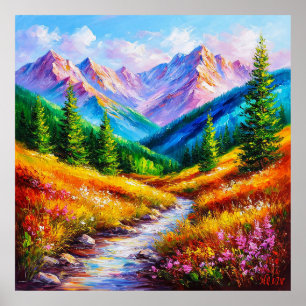 Poster Paisagem Montanhosa Vibrante Relaxante Decoração