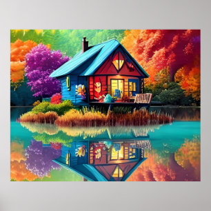 Poster Paisagem natural com lago, algodão, outono