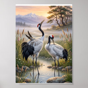 Poster Paisagem Nebulosa Grous Elegantes Natureza Vida Se