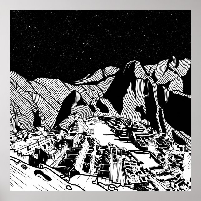 Poster Paisagem negra e branca de Machu Picchu (Frente)