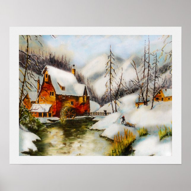 Poster Paisagem nevada com roda de água (Frente)