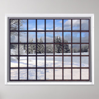 Poster Paisagem Neve Faux Janela de Cena de Inverno