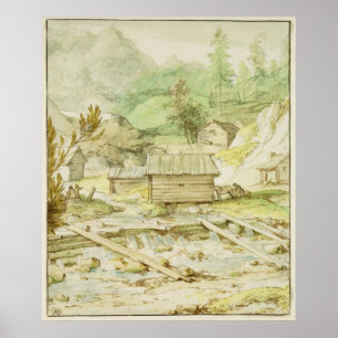Poster Paisagem nórdica com cabana e o Weir de madeira