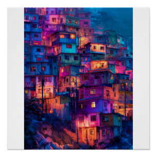 Pôster Paisagem Noturna da Favela Neon Roxa Colinas Vibra