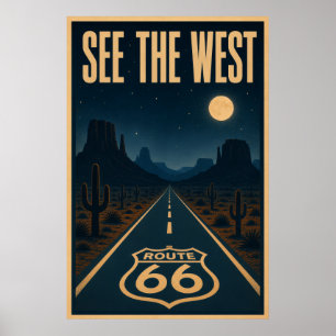 Poster Paisagem Noturna da Rodovia Deserta da Rota 66 Vin