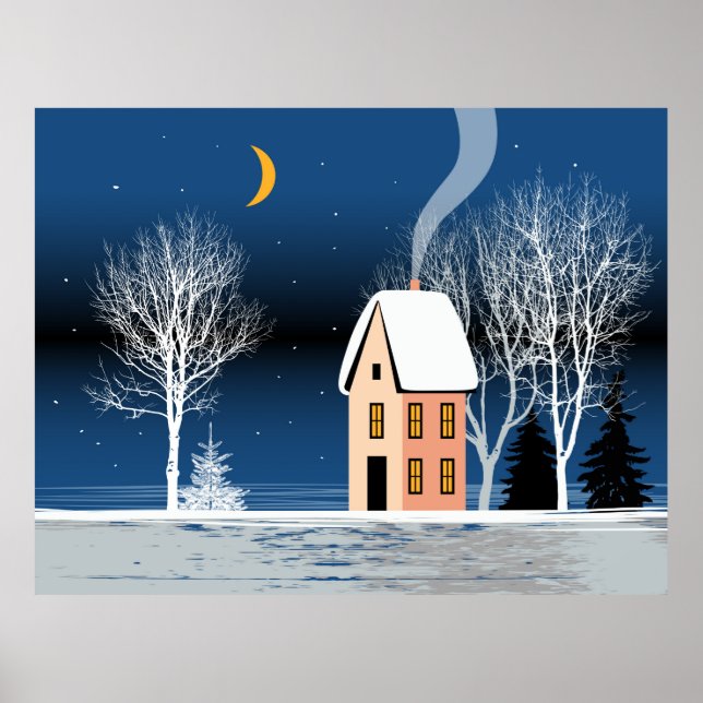 Poster Paisagem noturna de inverno. Casa Cozy, várias árv (Frente)