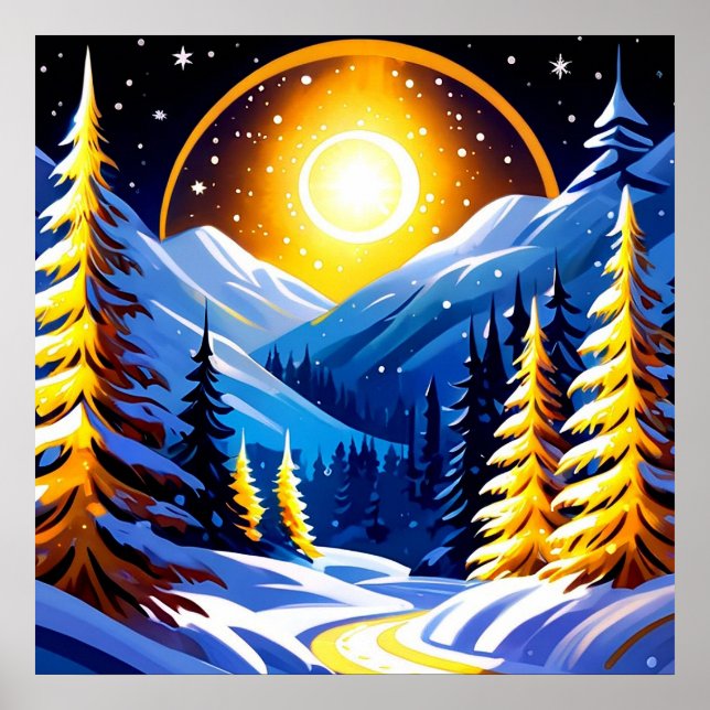 Poster Paisagem Noturna de Inverno Com Montanhas Nevadas (Frente)
