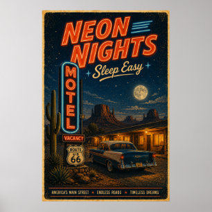 Poster Paisagem Noturna do Motel Neon da Rota 66 Vintage
