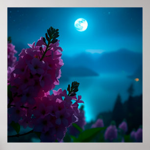 Poster Paisagem Noturna Linda com Flores e Lua