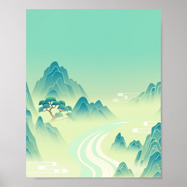 Poster Paisagem Oriental Serene - Arte de Montanha Minima (Frente)