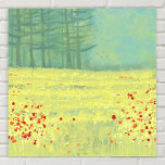 Poster Paisagem Paisagem Meadow<br><div class="desc">Uma pintura moderna e contemporânea com uma flor pacífica encheu o campo de verão com pássaros voando contra o céu e uma floresta de pinheiros à distância. Cores frescas e elevatórias amarelas e verdes. Arte original de Nic Squirrell.</div>