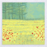 Poster Paisagem Paisagem Meadow<br><div class="desc">Uma pintura moderna e contemporânea com uma flor pacífica encheu o campo de verão com pássaros voando contra o céu e uma floresta de pinheiros à distância. Cores frescas e elevatórias amarelas e verdes. Arte original de Nic Squirrell.</div>