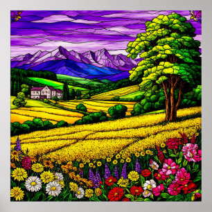Poster Paisagem Rural Vibrante e Vistas de Montanha