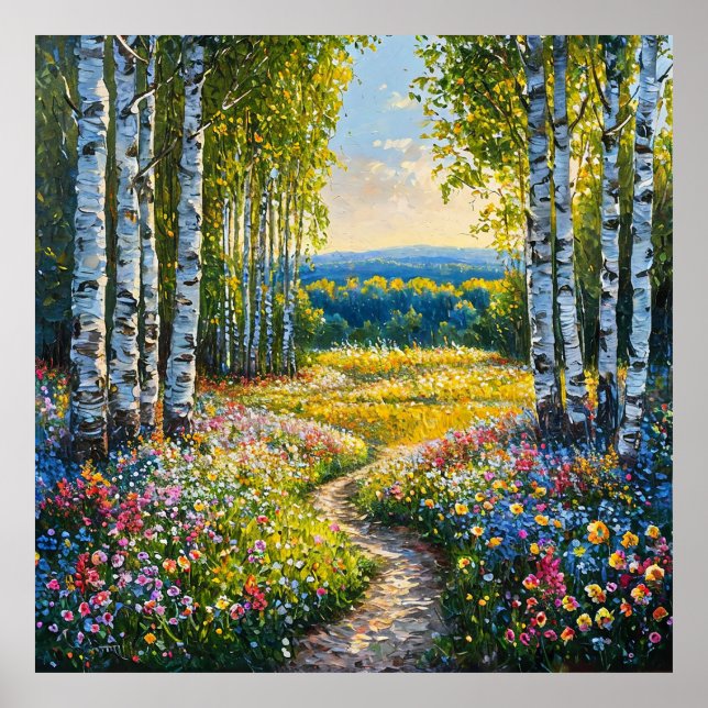 Poster Paisagem serena de floresta de bétulas (Frente)