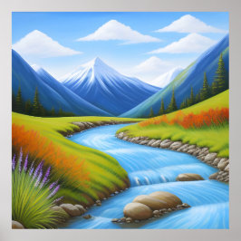 Poster Paisagem Serene Mountain com Fluxo em Cascata